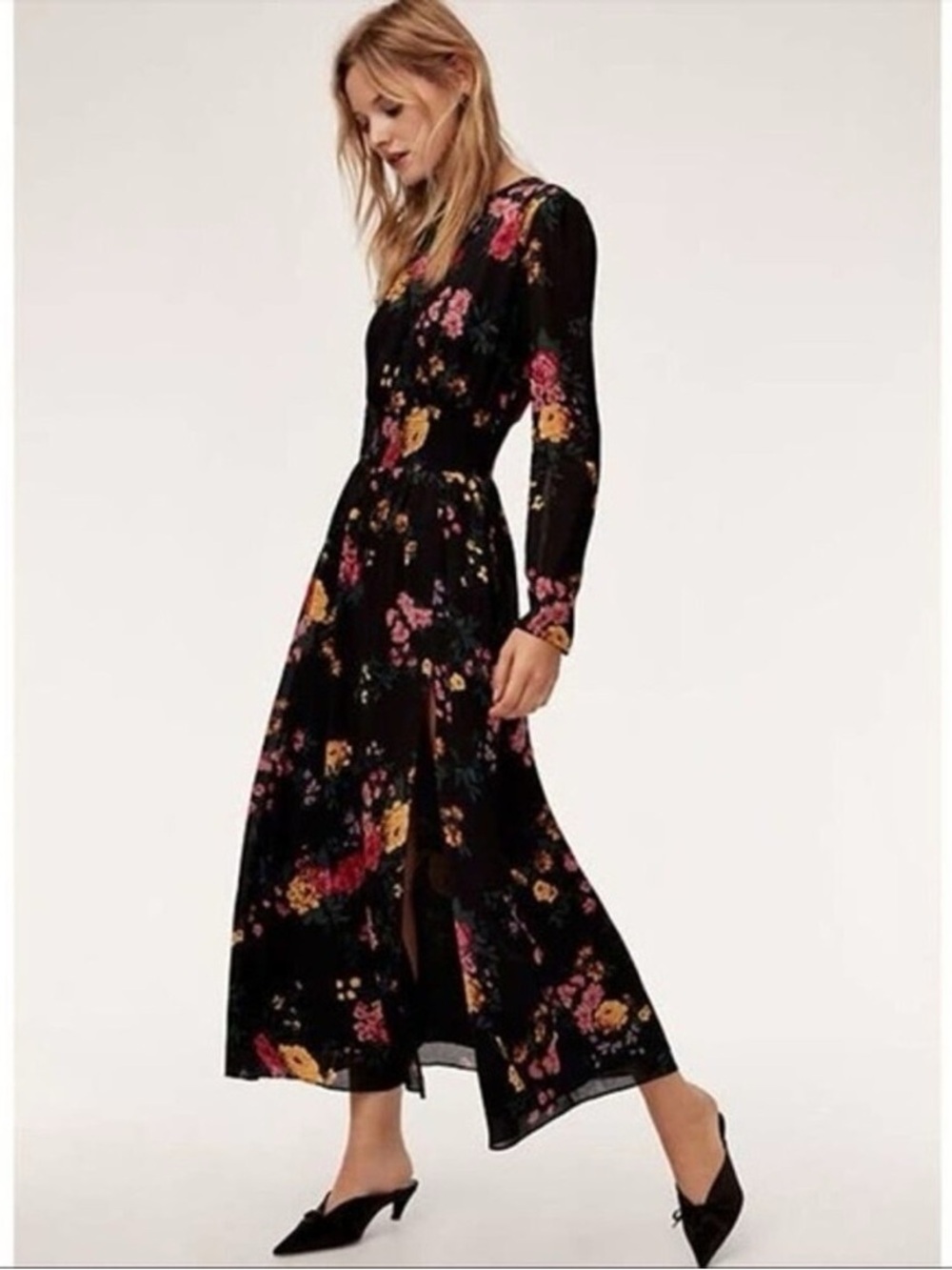 Aritzia Wilfred Tilda Floral Print Long Sleeve Midi Dress Black Size Medium